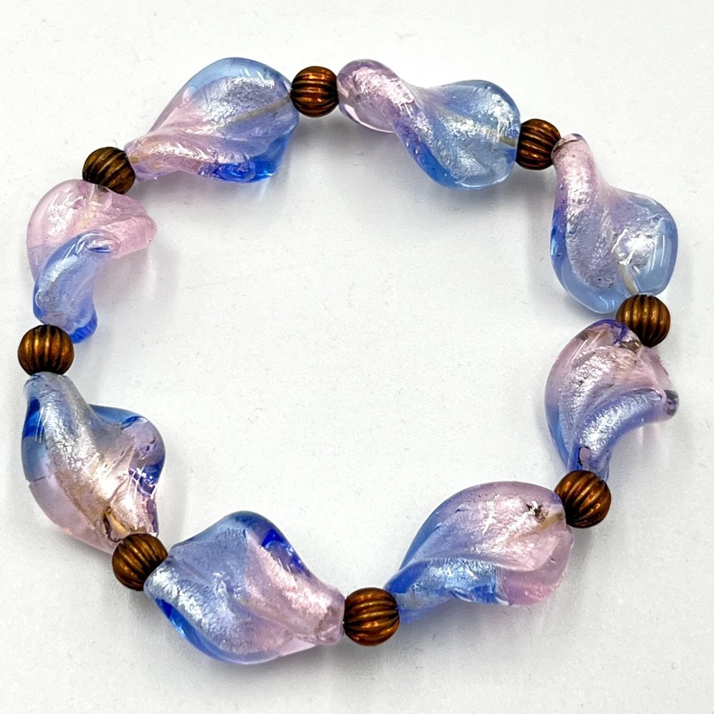 Vintage Murano Style Art Glass Twisted Bead Bracelet Blue Pink Silver Foil Y2K
